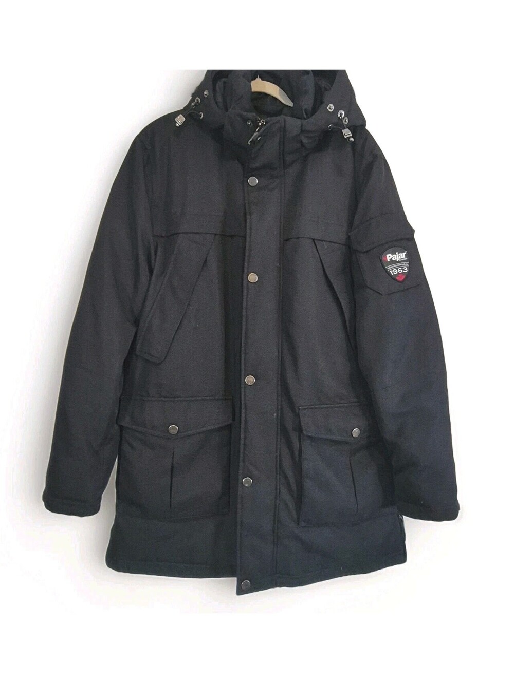 Pajar Canada 1963 Logo Mens Medium Black Down Filled Hooded Parka Jacket